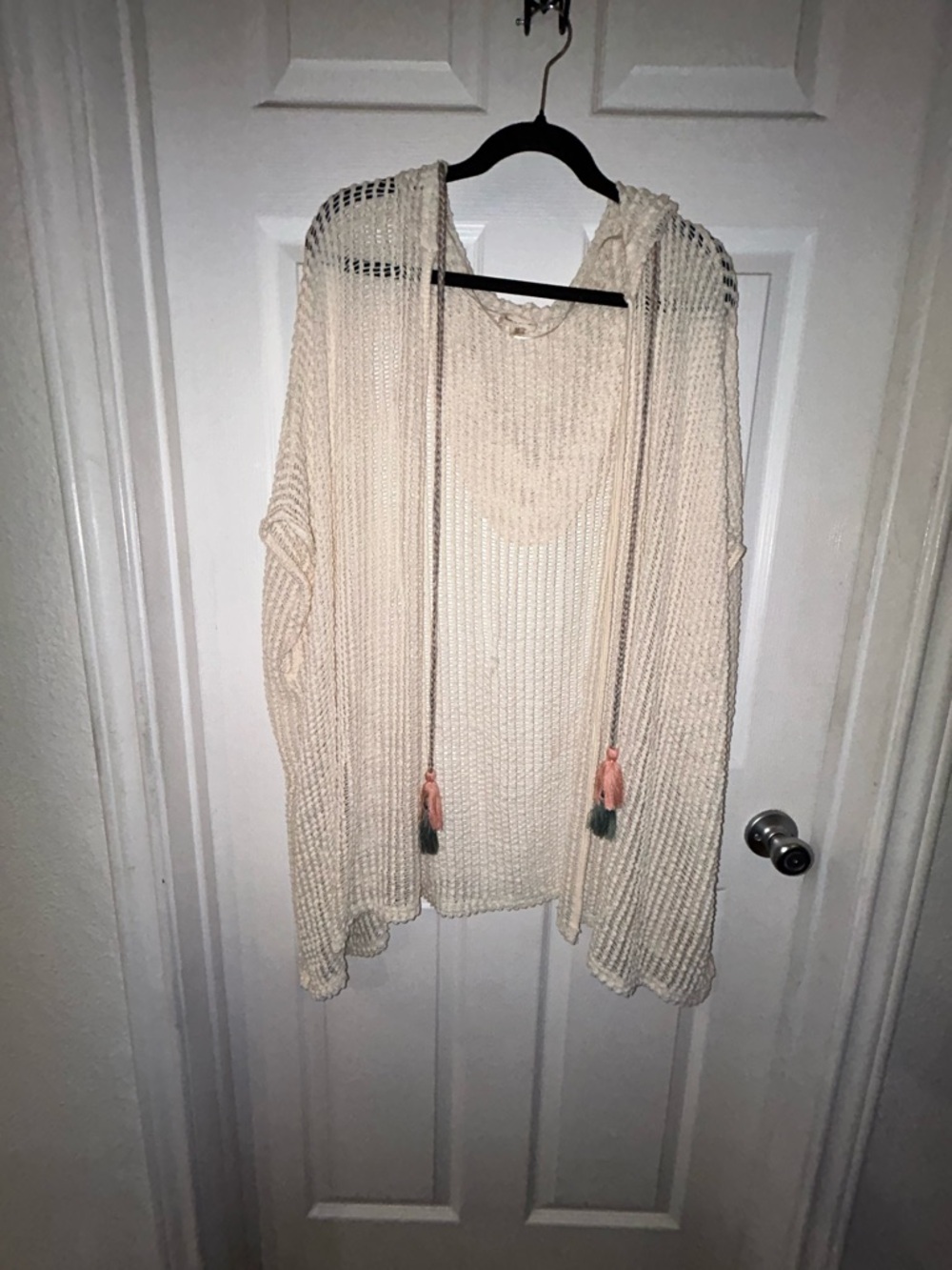 NWOT - Hem & Thread Cream Open-Knit Hooded Sweater with Tassels